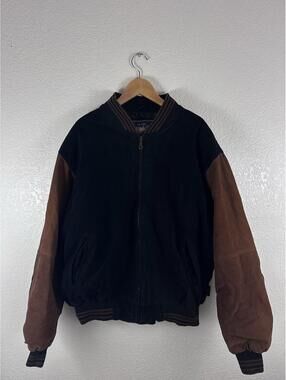 Vintage Varsity Leather Wool Bomber Jacket Mens XL Black Brown Letterman Coat